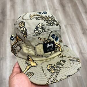 Vintage 2000s Stussy Trumpet 5 Panel Camp Hat Cap Strapback Beige B10
